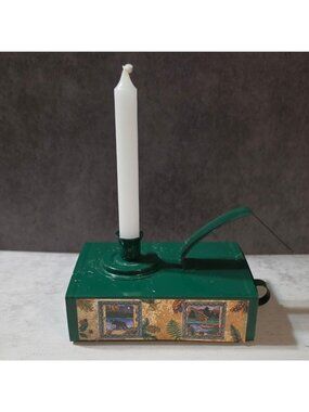 Vtg Green Metal Emergency Candle Tin Holder Storage Drawer Cabin Lodge Bear